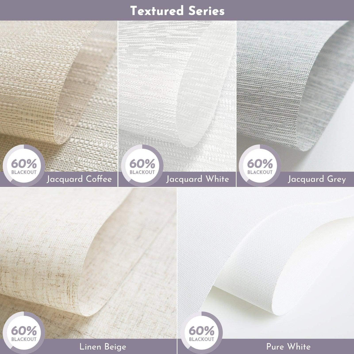 Textured blackout window shade fabric samples in Jacquard Coffee, Jacquard White, Jacquard Grey, Linen Beige, and Pure White.