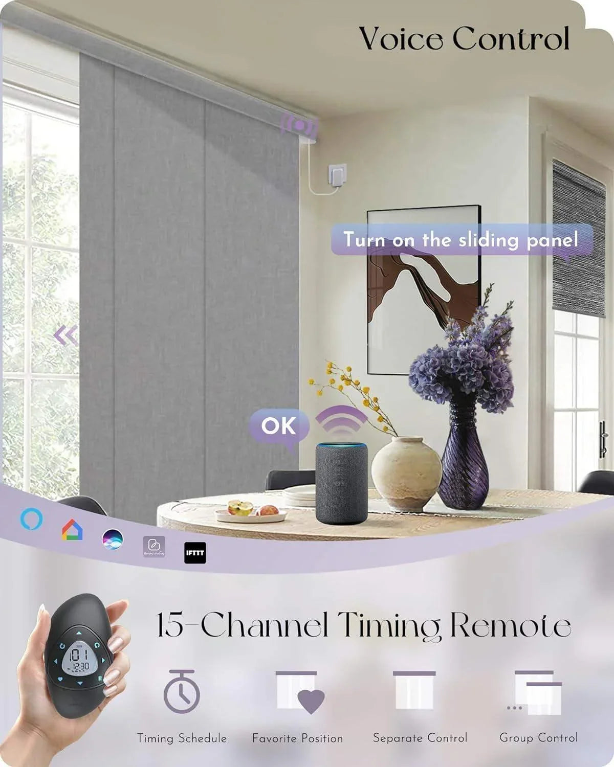 Smart gray sliding panel blinds in a dining room, voice control via smart speaker and remote.