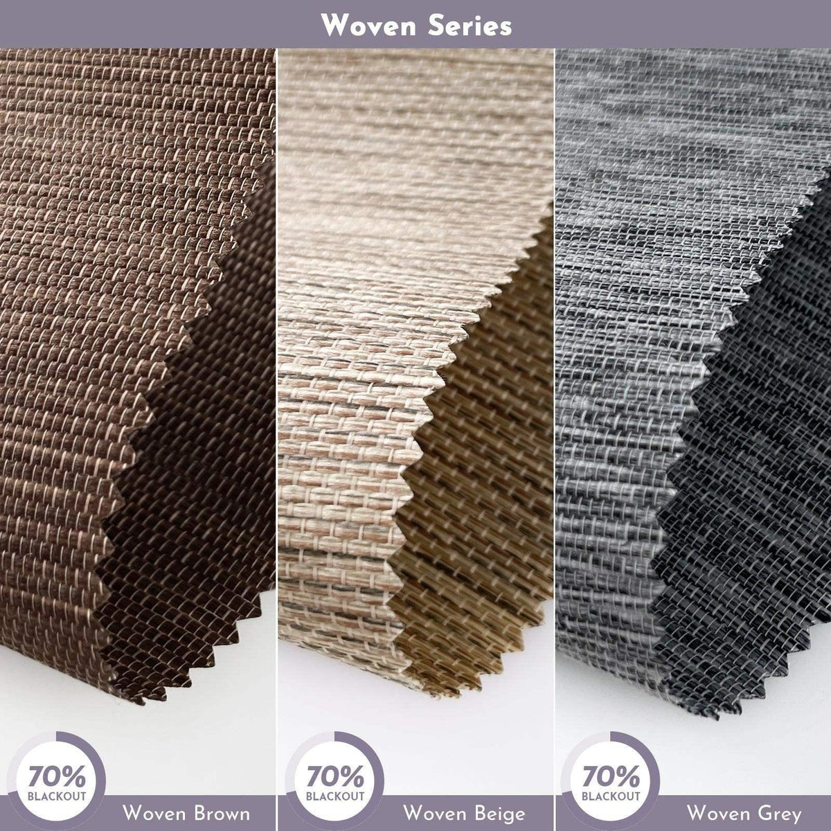 Woven blackout fabric swatches in brown, beige, and grey for custom window blinds