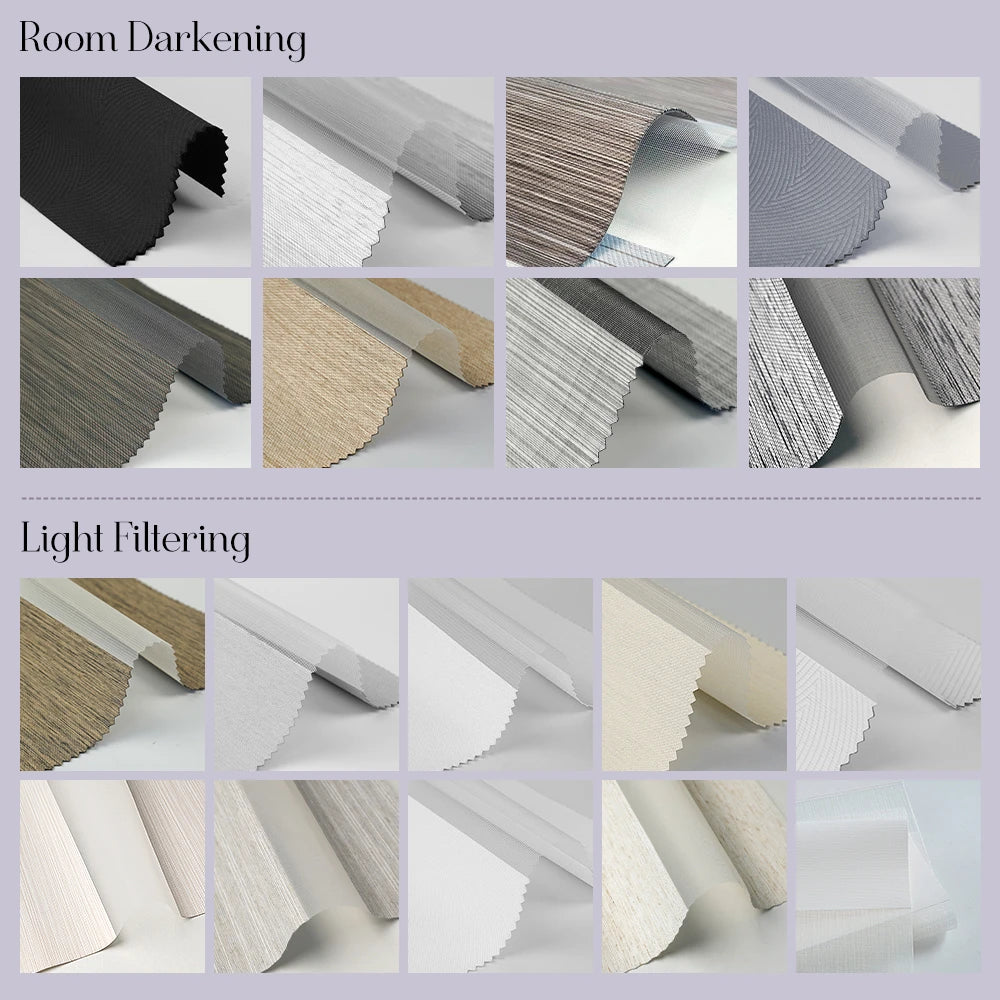 A collage showing multiple fabric or material swatches labeled 'Room Darkening' and 'Light Filtering,' arranged in a grid on a pale lavender background. The swatches include black, white, gray, beige, and woodgrain tones, with folded edges demonstrating texture and color properties.