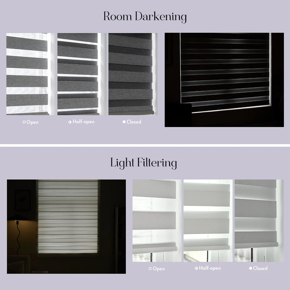 A product comparison infographic for horizontal roller blinds showing 'Room Darkening' and 'Light Filtering' benefits in different window configurations (open, half-open, closed) under both bright daylight and dark room lighting.