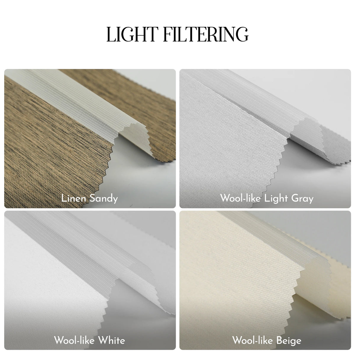 A four-panel comparison graphic titled 'LIGHT FILTERING' showing fabric roller blind or shade material samples in four colorways: Linen Sandy, Wool-like Light Gray, Wool-like White, and Wool-like Beige. Each panel displays a close-up of the fabric texture and the rolled edge against a light gray background.