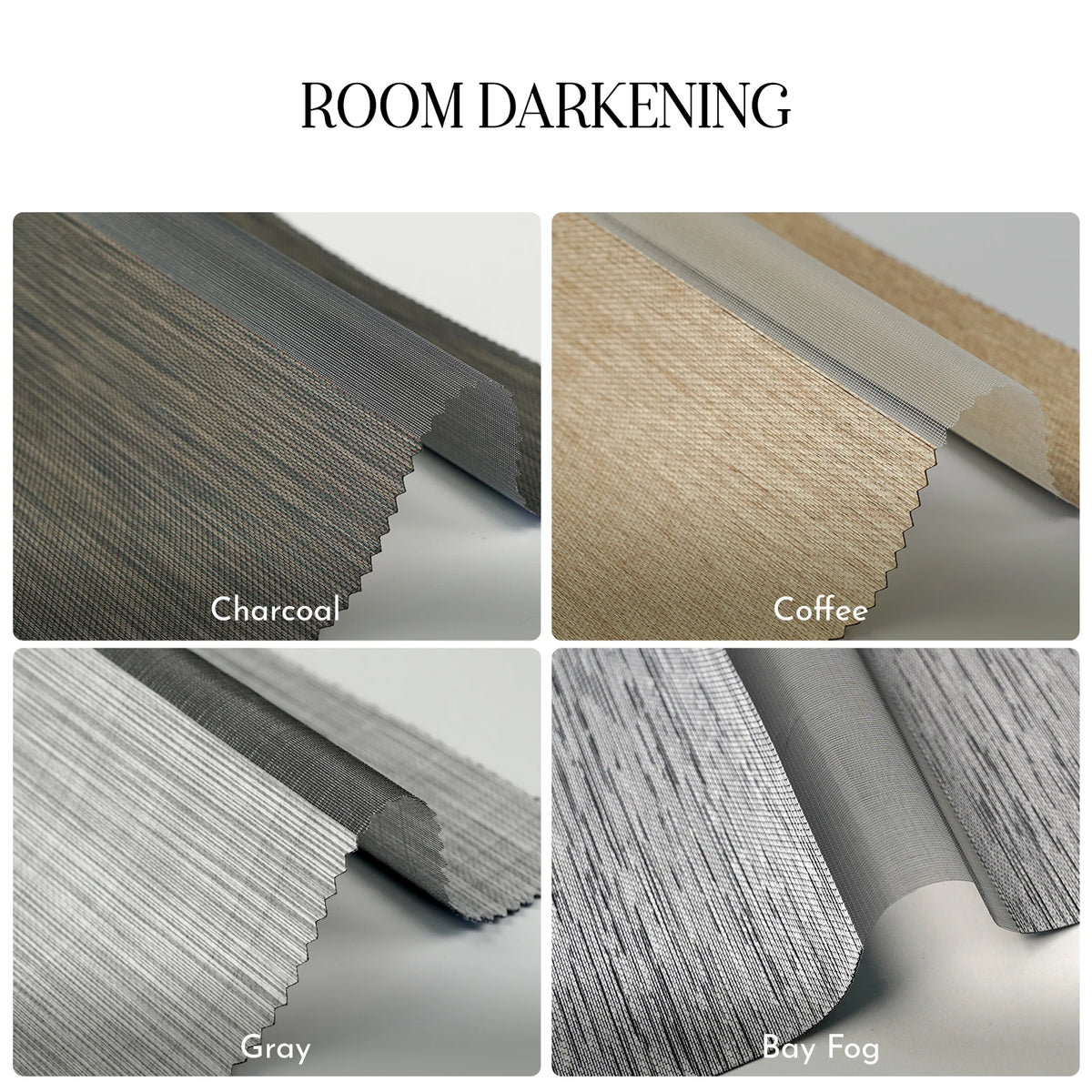 A four-panel product comparison graphic titled 'ROOM DARKENING' showing different curtain fabric colors: Charcoal, Coffee, Gray, and Bay Fog. Each panel displays a close-up of the textured roller-top curtain fabric rolled up against a neutral background.